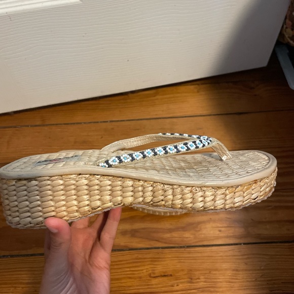 Vintage Y2K Nomad Floral Daisy Beaded Platform Jute Flip Flop Sandals Wedge 7 - Picture 1 of 4